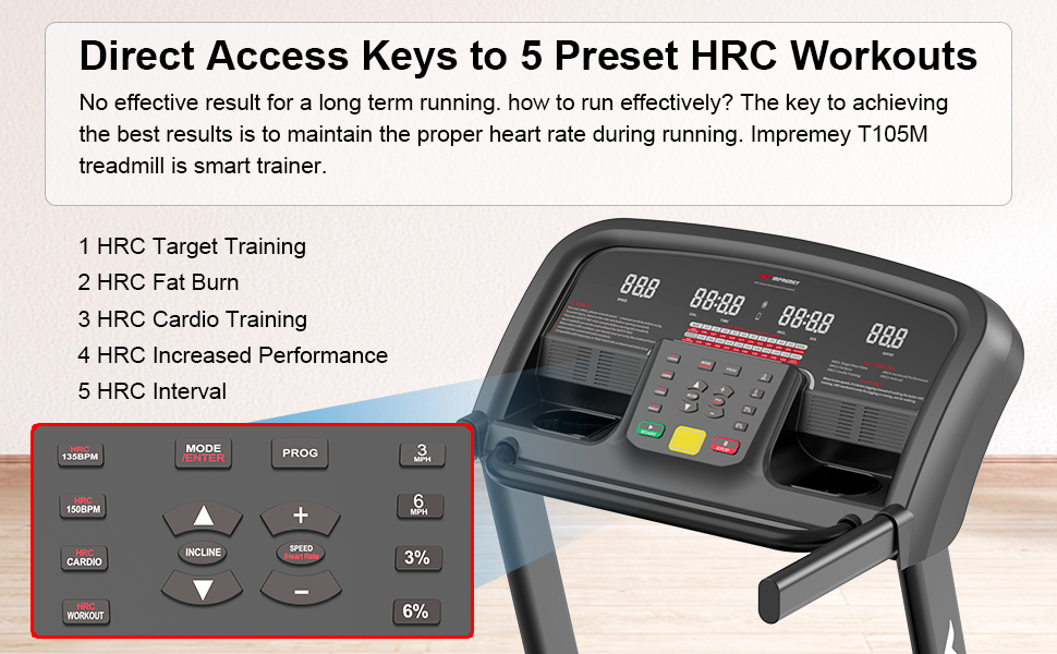 Impremey treadmill TM105 is designed around HRC (Heart Rate Control) training
