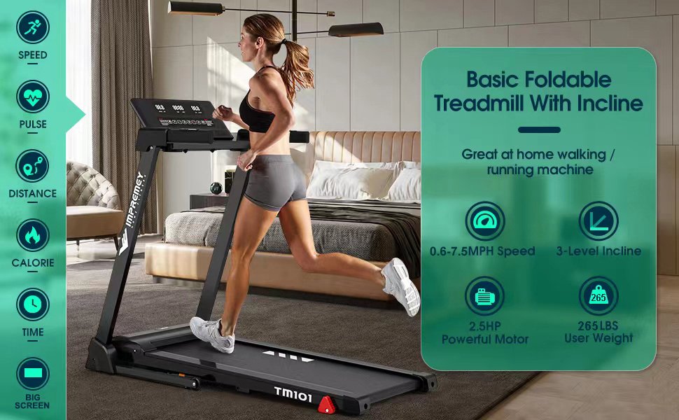 Impremey TM101 Folding Treadmill with Display LED (time, distance, speed, calories, heart rate)